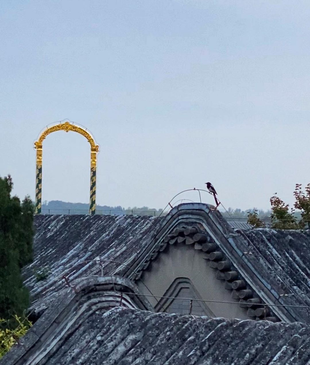 Vanessa Rallonza: Man on Sunlit Roof with Yellow Umbrella - Urban Serenity in Rainy Elegance